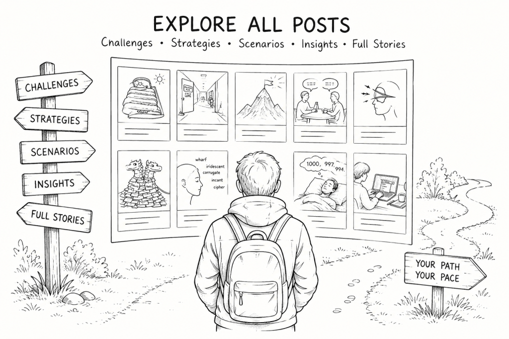 A man with a backpack is facing a woodland trail style noticeboard that represents exploring every posts in the blog.