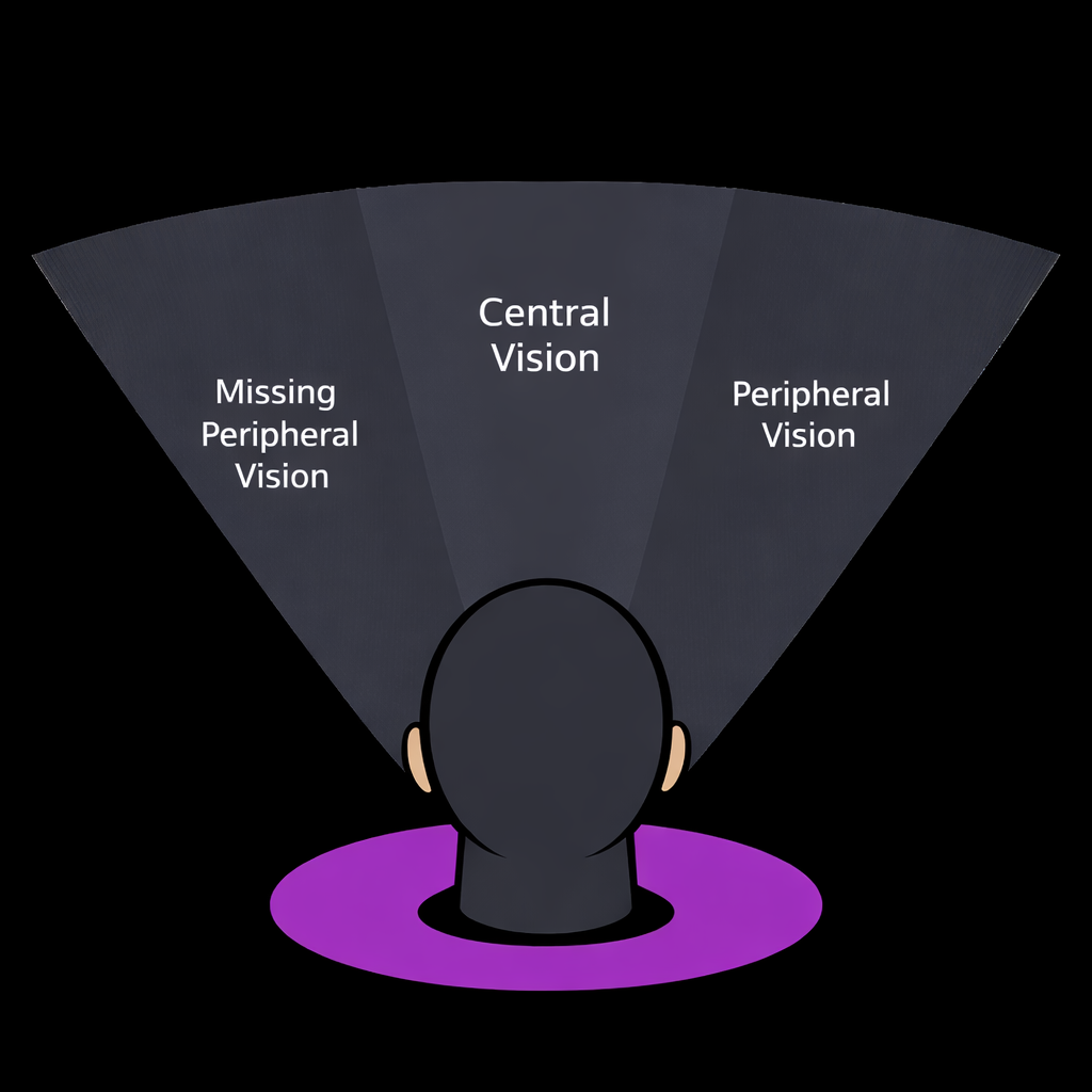 A schematic view looking down on a person, showing peripheral and central vision. The left side peripheral vision is annotated as missing.