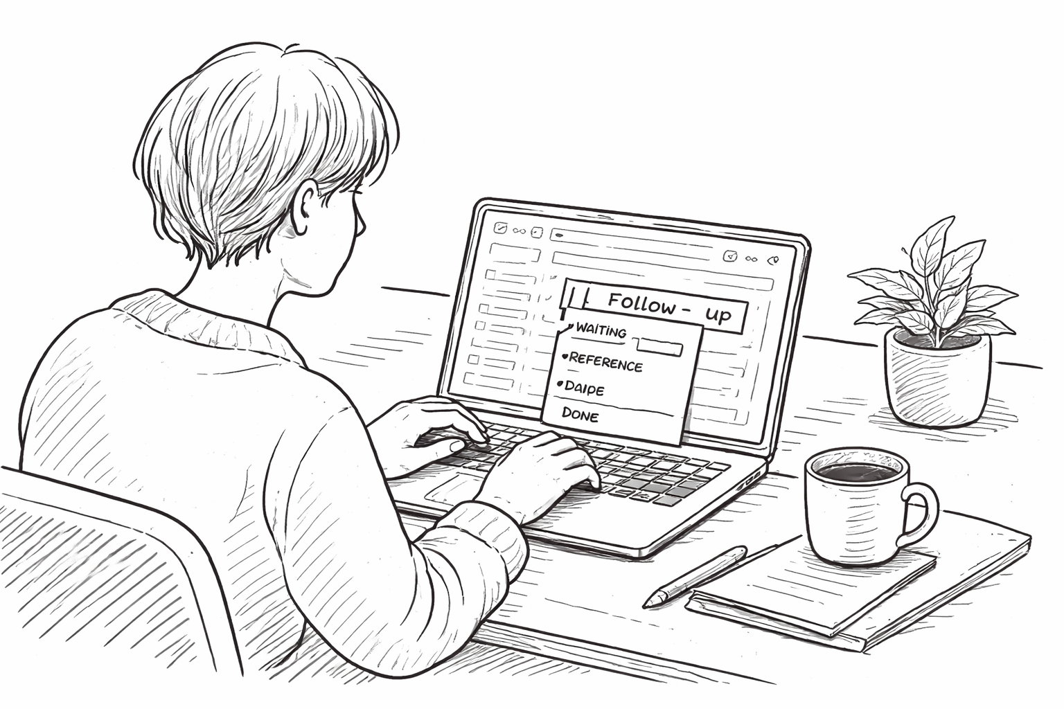 A woman sits at a computer screen in front of an email inbox. The emails are annotated with coloured labels such as follow-up, keep, reference, and done — halfamindto.blog